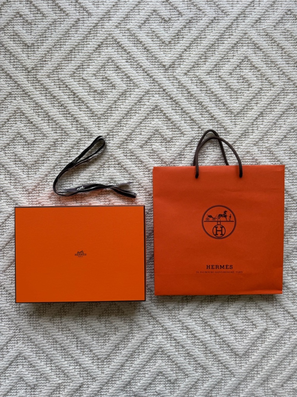 Hermes Orange Box and Shopping Bag with Ribbon.
